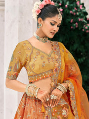 Multicolor Orange Fancy Silk Mirror Sequin Bridal Lehenga Choli