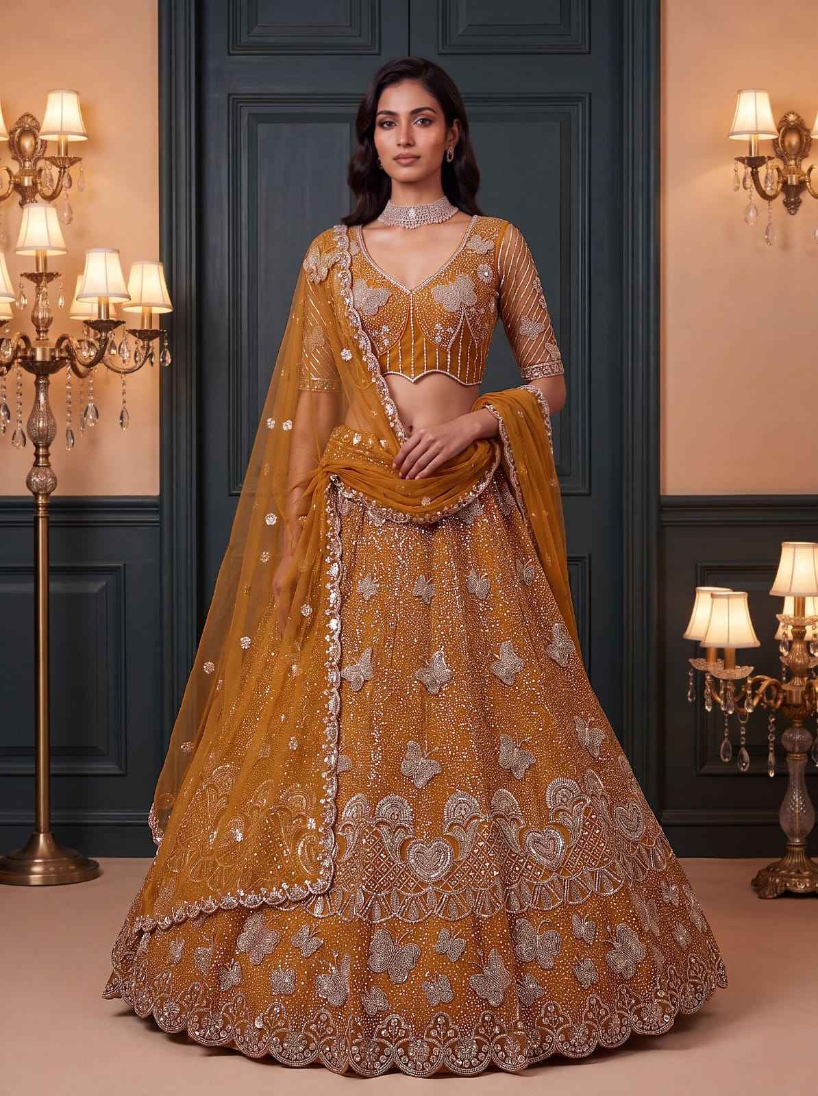 Mustard Net Zari Sequin Bridal Lehenga Choli
