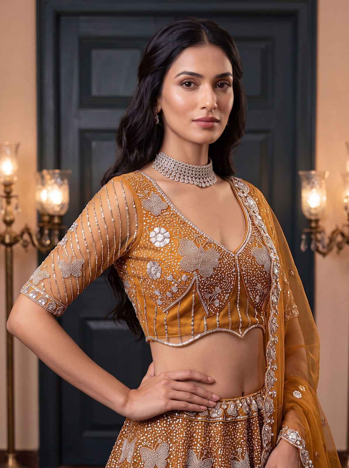 Mustard Net Zari Sequin Bridal Lehenga Choli