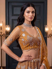 Mustard Net Zari Sequin Bridal Lehenga Choli