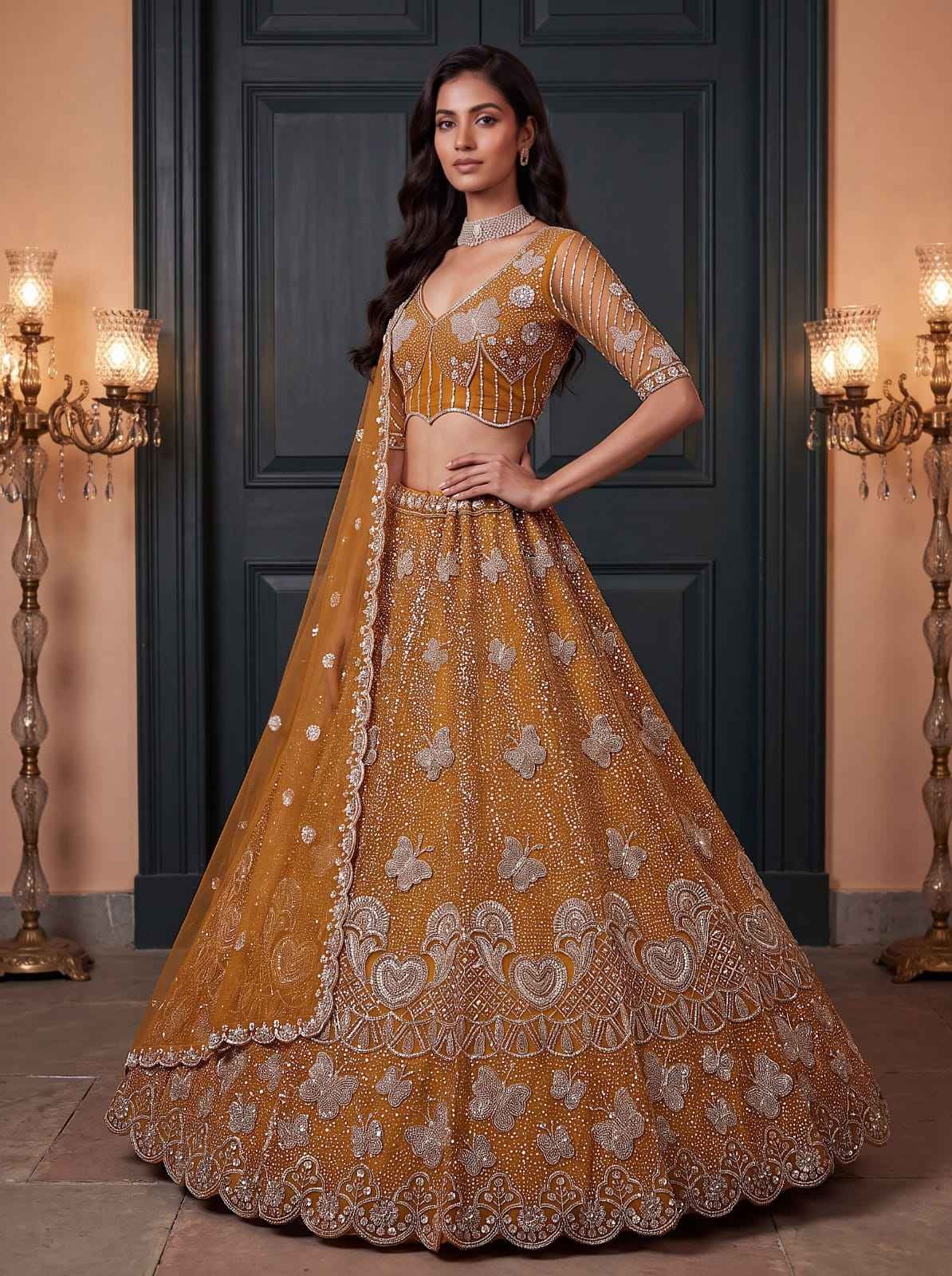 Mustard Net Zari Sequin Bridal Lehenga Choli