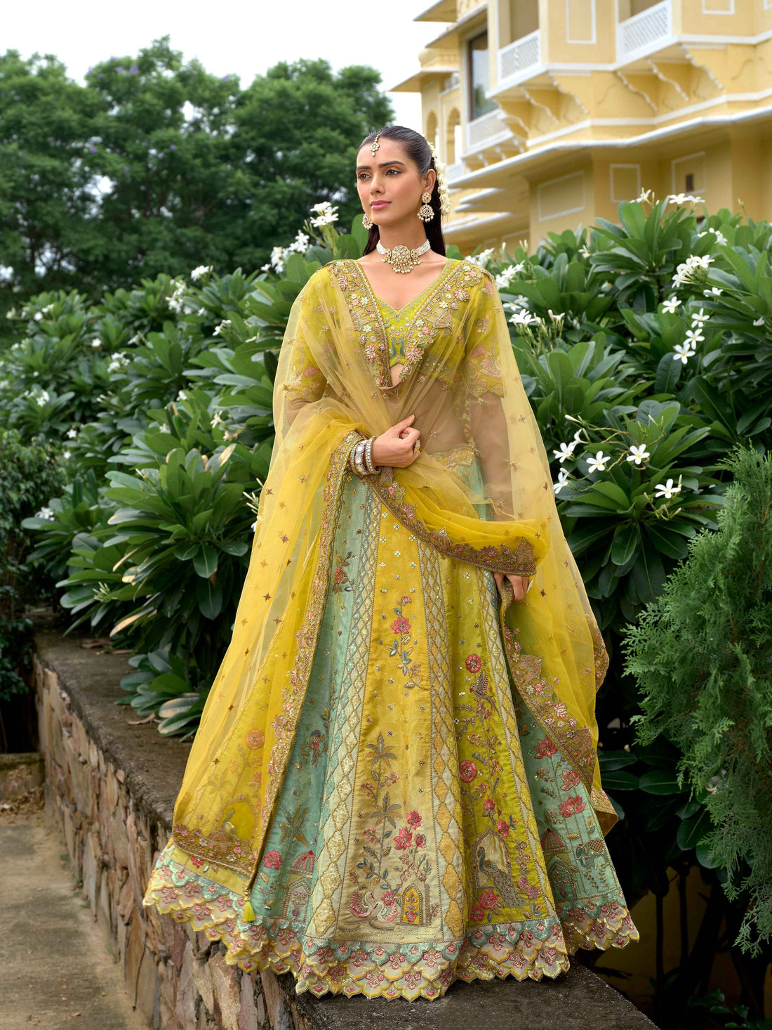 Mustard Yellow Fancy Silk Floral Mirror Embroidered Lehenga Choli