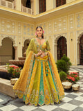 Mustard & Teal Silk Ready-to-Wear Embroidered Lehenga Choli Set