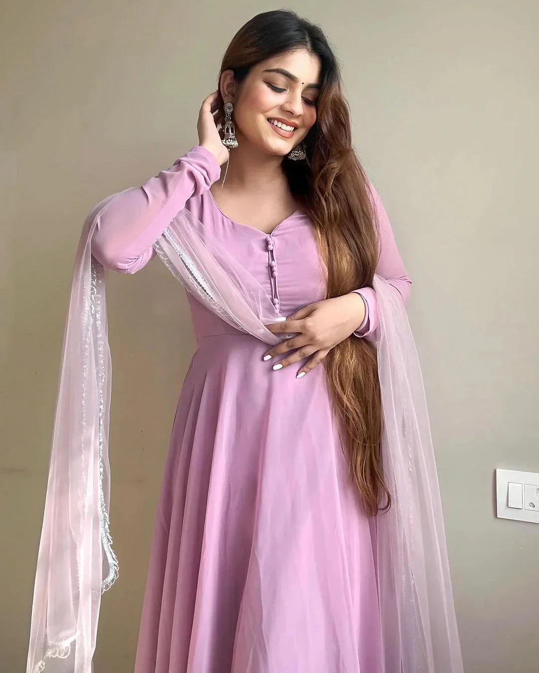Lavender Faux Georgette Fully Stitched Anarkali Pant Suit - Ethnicwish