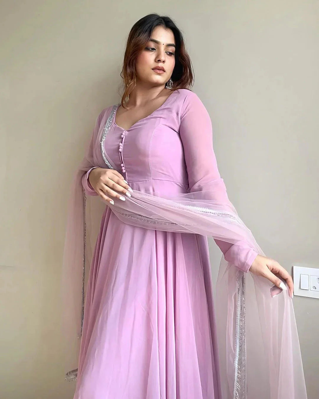 Lavender Faux Georgette Fully Stitched Anarkali Pant Suit - Ethnicwish