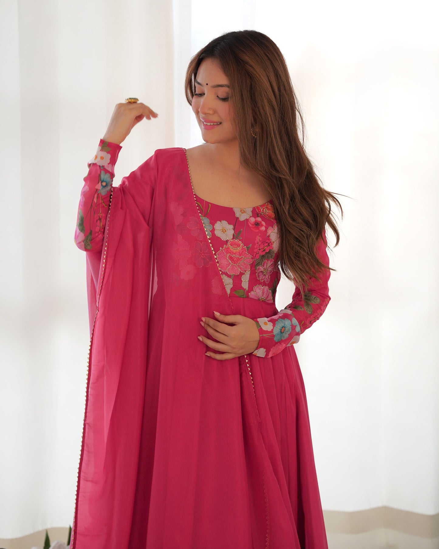 Breathtaking Organza Silk Floral Printed Designer Anarkali Pant Suit - Ethnicwish