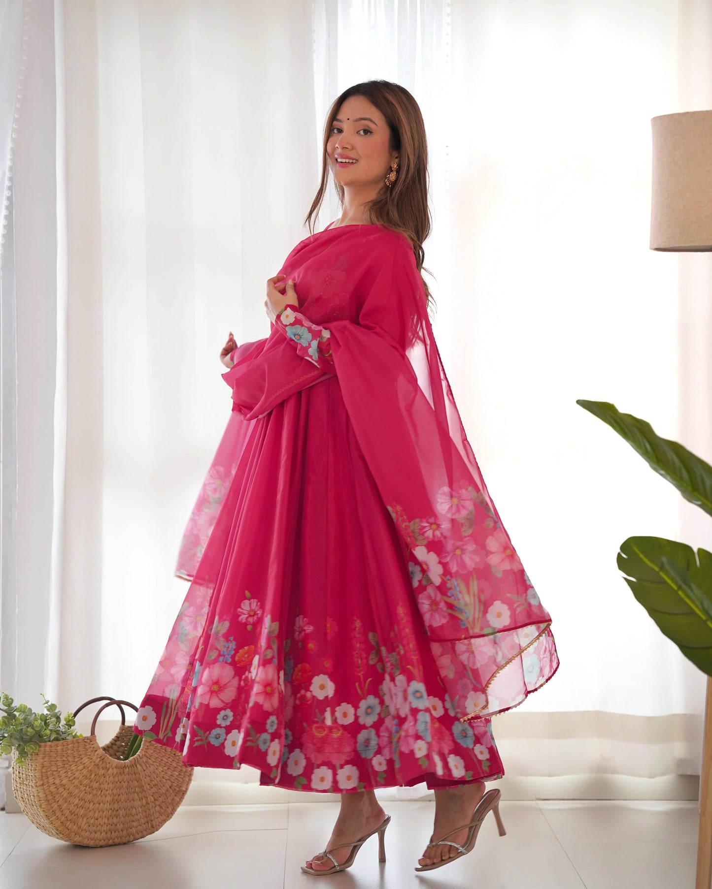 Breathtaking Organza Silk Floral Printed Designer Anarkali Pant Suit - Ethnicwish