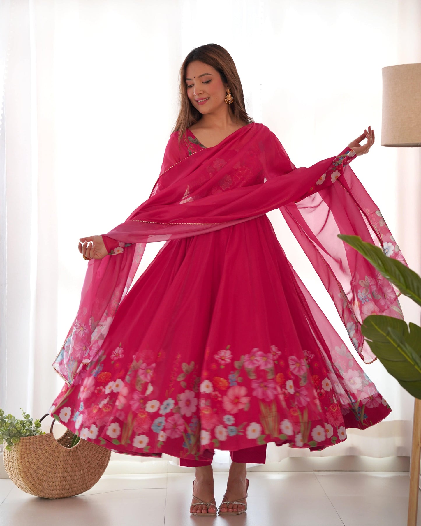 Breathtaking Organza Silk Floral Printed Designer Anarkali Pant Suit - Ethnicwish