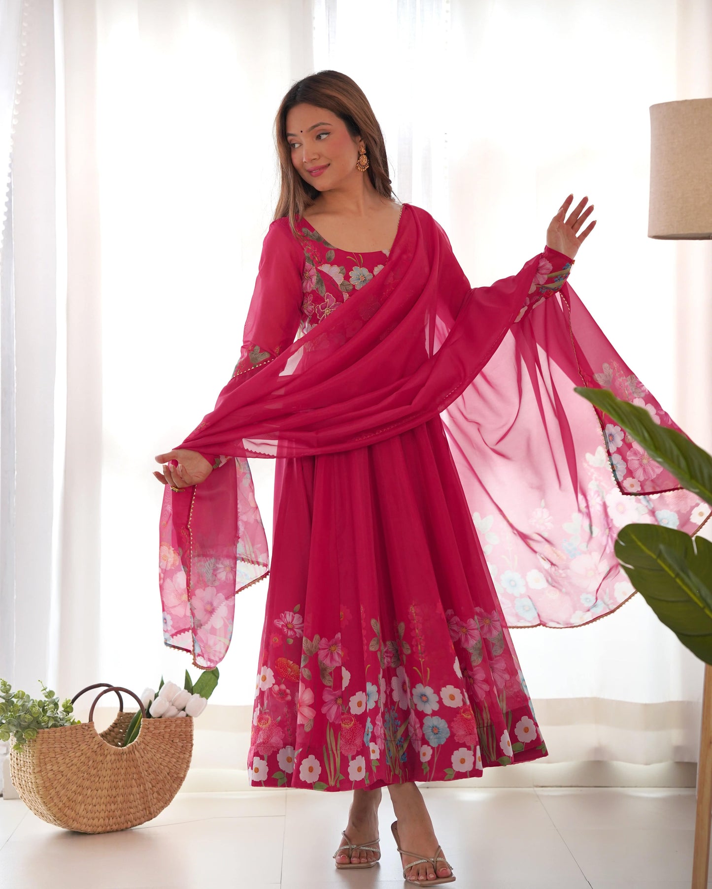 Breathtaking Organza Silk Floral Printed Designer Anarkali Pant Suit - Ethnicwish