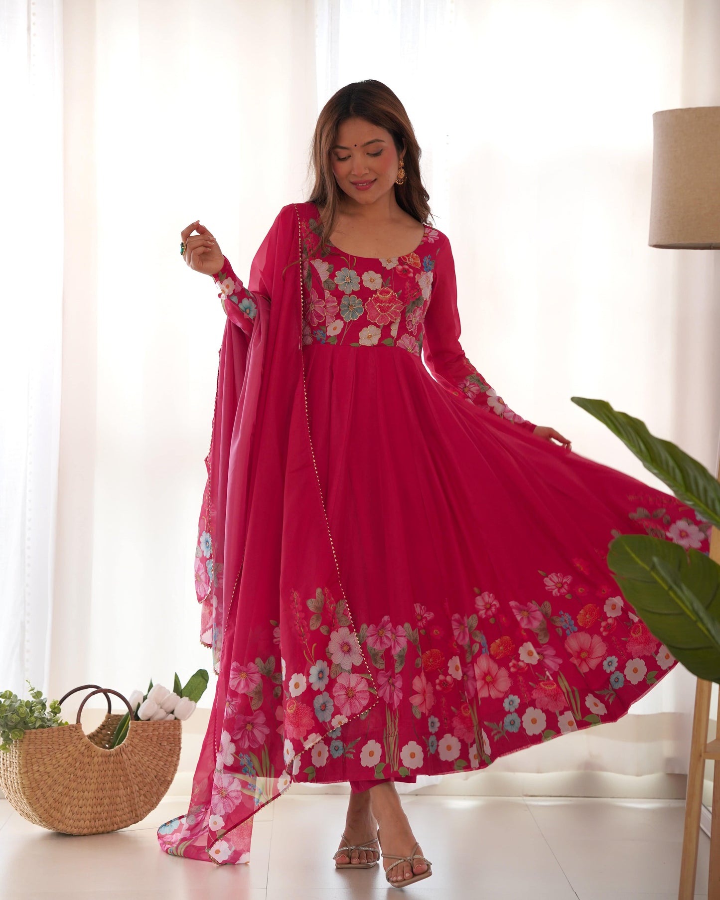Breathtaking Organza Silk Floral Printed Designer Anarkali Pant Suit - Ethnicwish