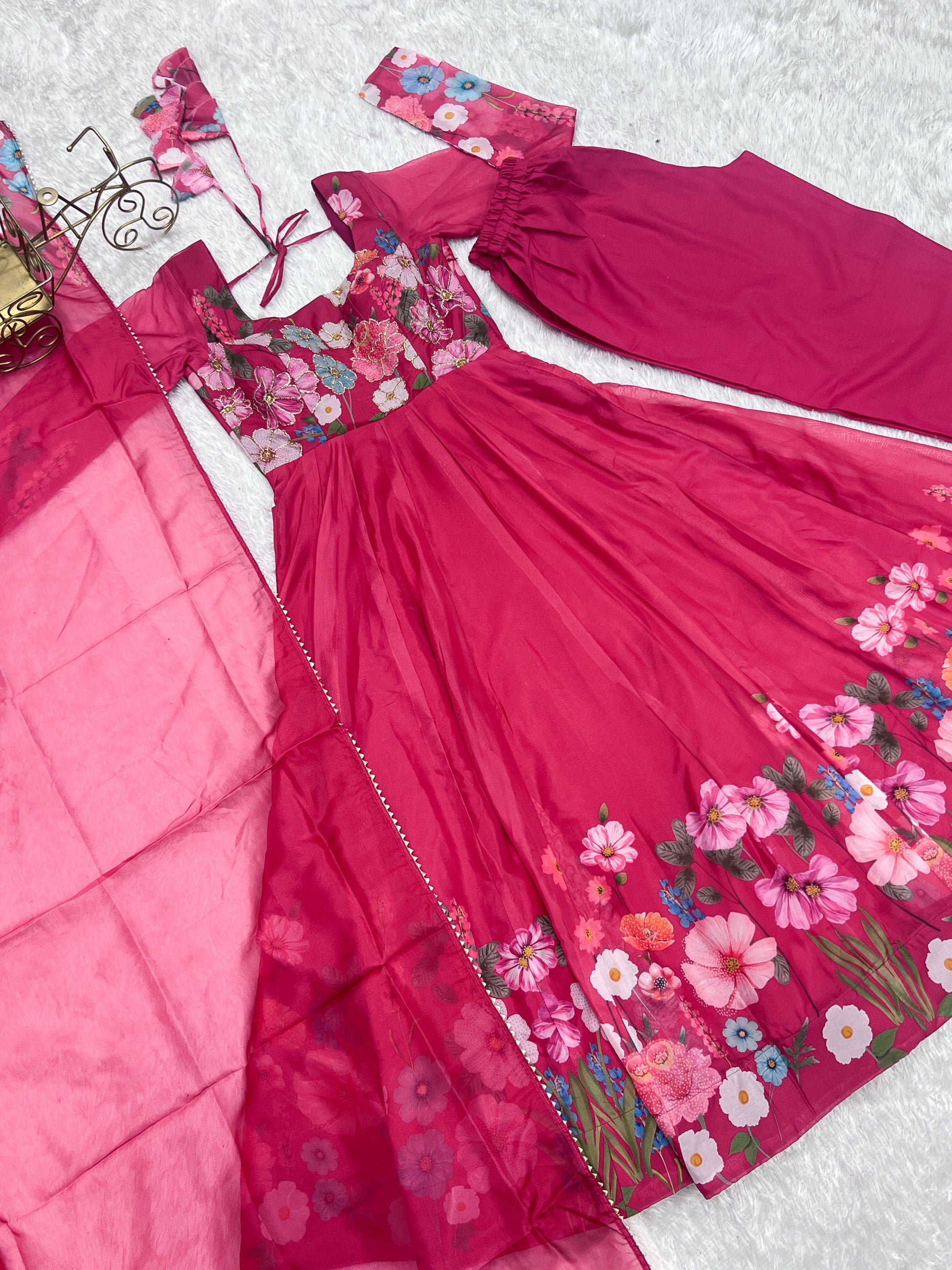 Breathtaking Organza Silk Floral Printed Designer Anarkali Pant Suit - Ethnicwish
