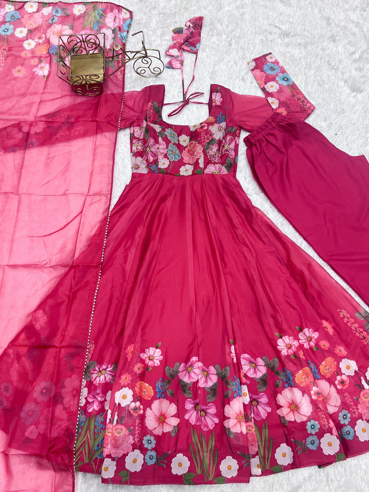 Breathtaking Organza Silk Floral Printed Designer Anarkali Pant Suit - Ethnicwish