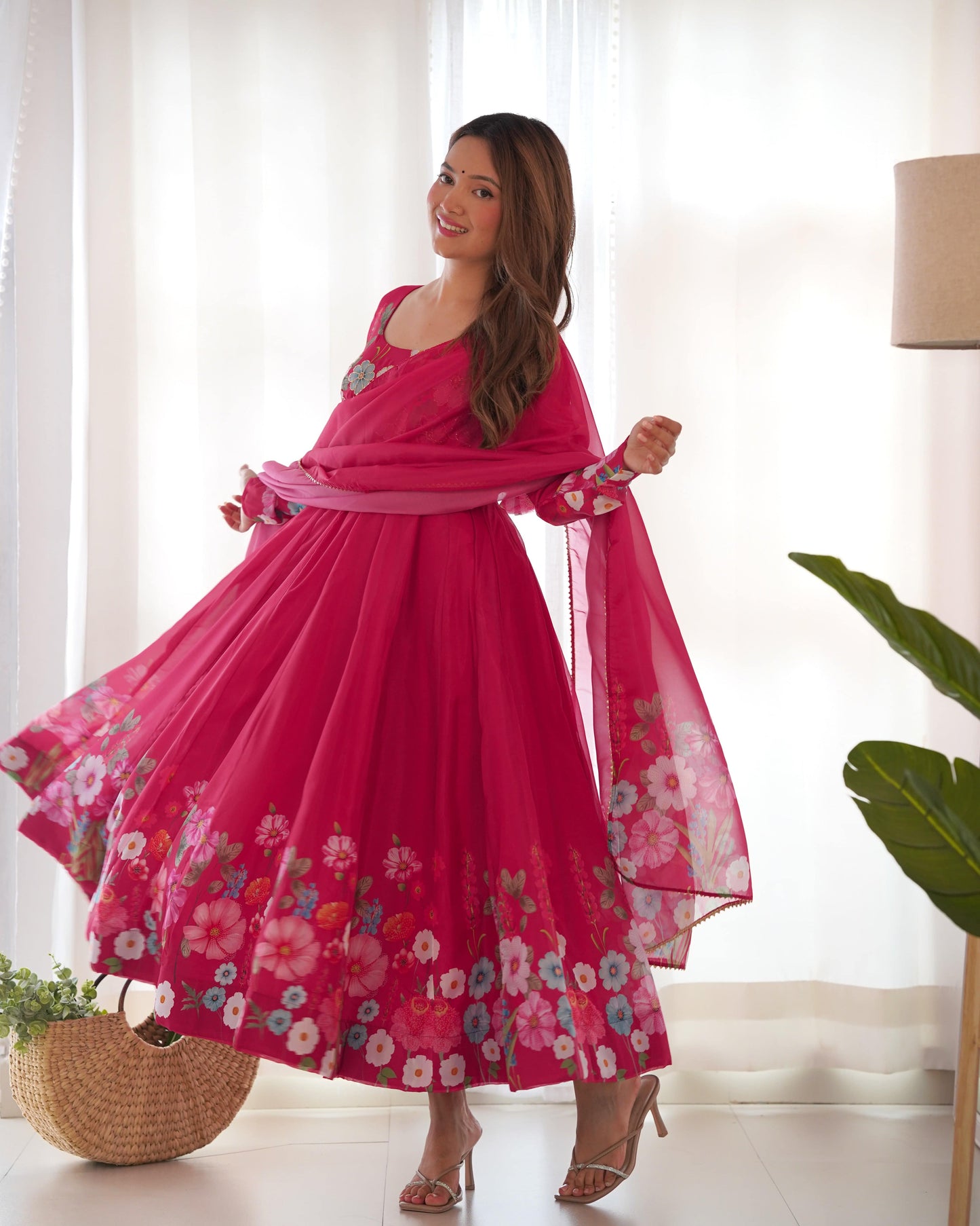 Breathtaking Organza Silk Floral Printed Designer Anarkali Pant Suit - Ethnicwish