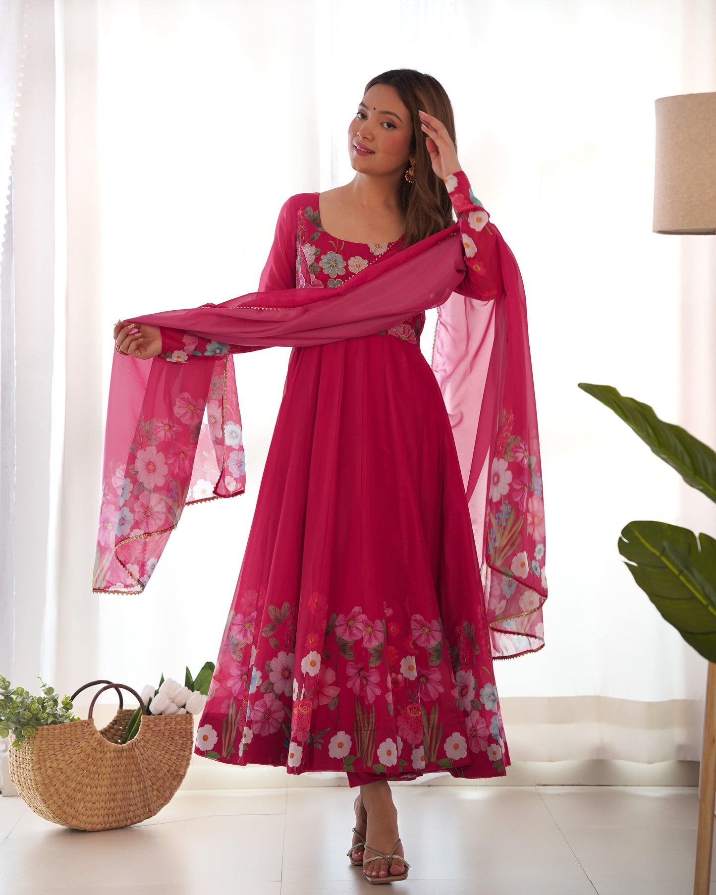 Breathtaking Organza Silk Floral Printed Designer Anarkali Pant Suit - Ethnicwish