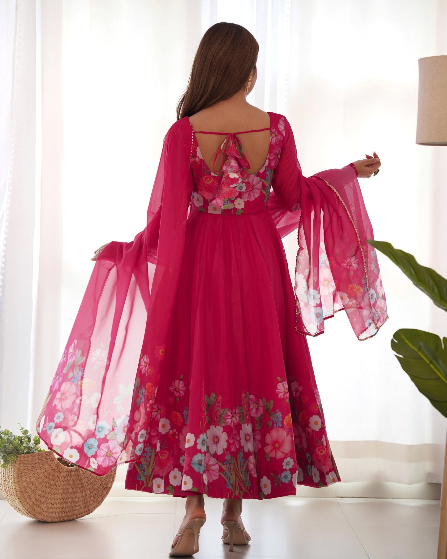 Breathtaking Organza Silk Floral Printed Designer Anarkali Pant Suit - Ethnicwish