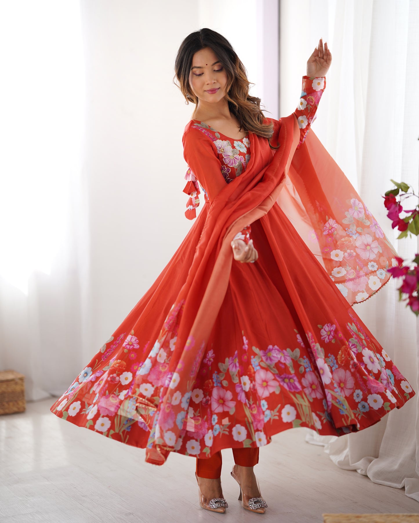 Breathtaking Organza Silk Floral Printed Designer Anarkali Pant Suit