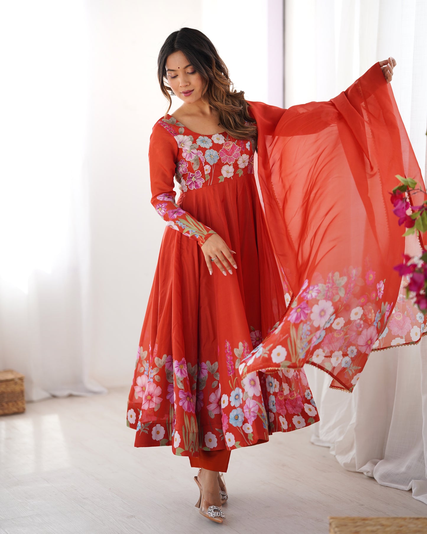 Breathtaking Organza Silk Floral Printed Designer Anarkali Pant Suit