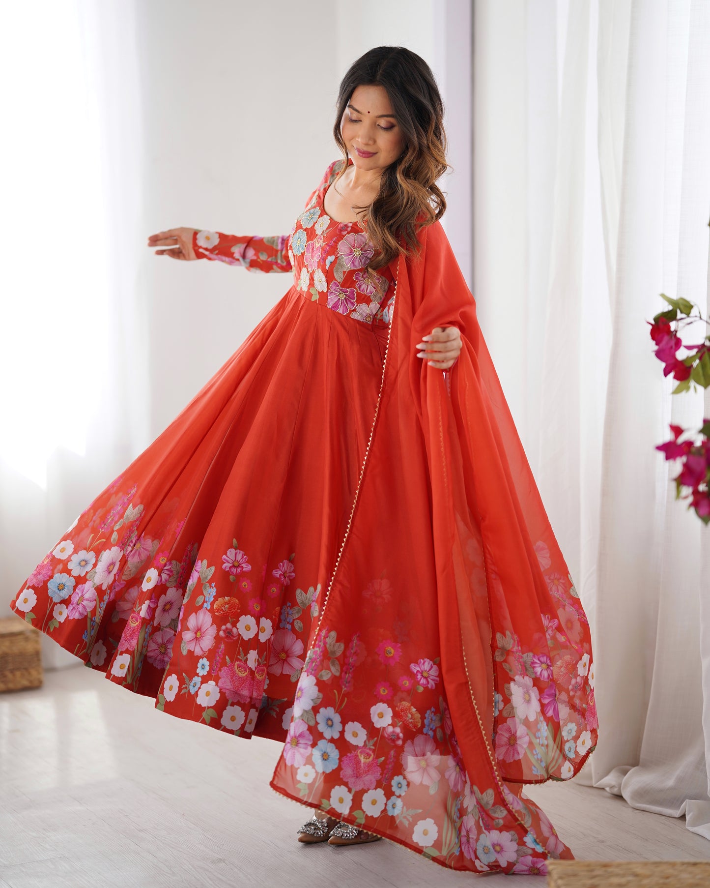 Breathtaking Organza Silk Floral Printed Designer Anarkali Pant Suit