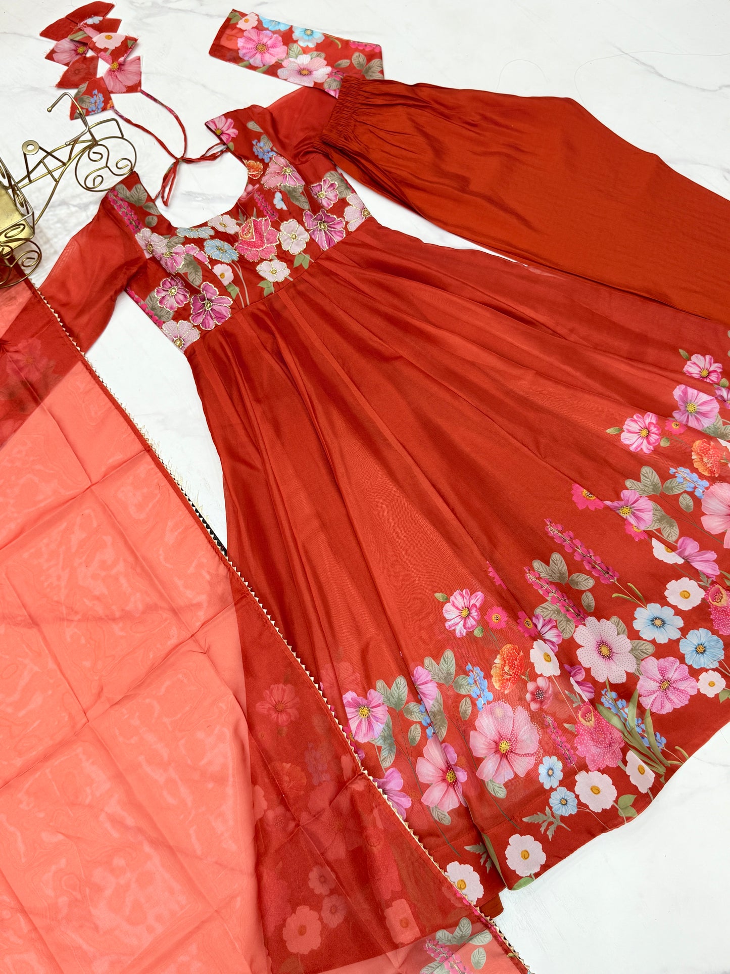 Breathtaking Organza Silk Floral Printed Designer Anarkali Pant Suit