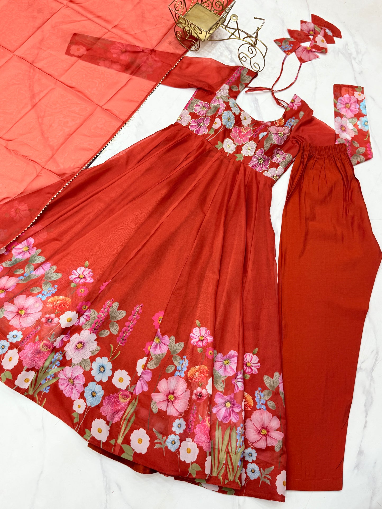 Breathtaking Organza Silk Floral Printed Designer Anarkali Pant Suit