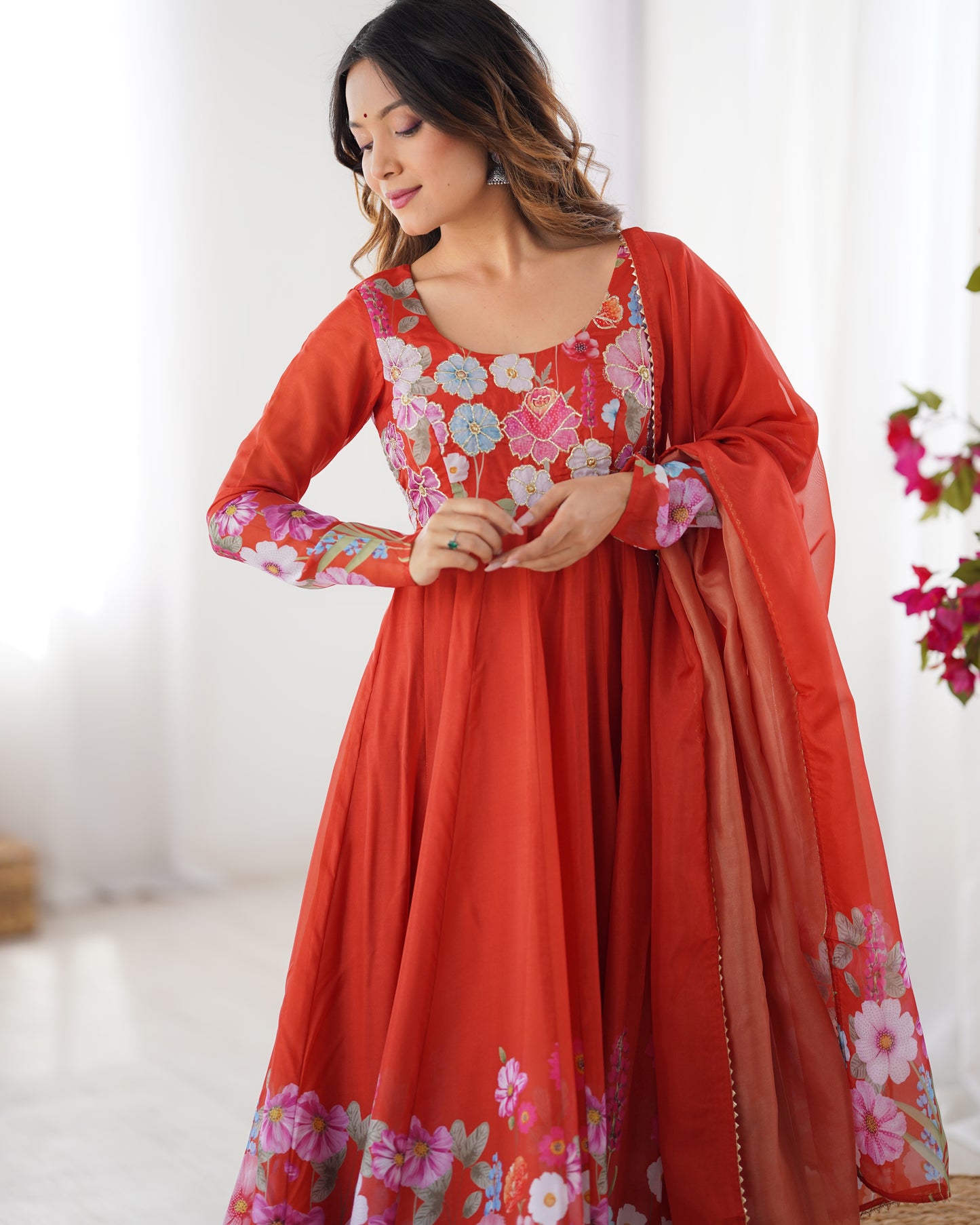 Breathtaking Organza Silk Floral Printed Designer Anarkali Pant Suit