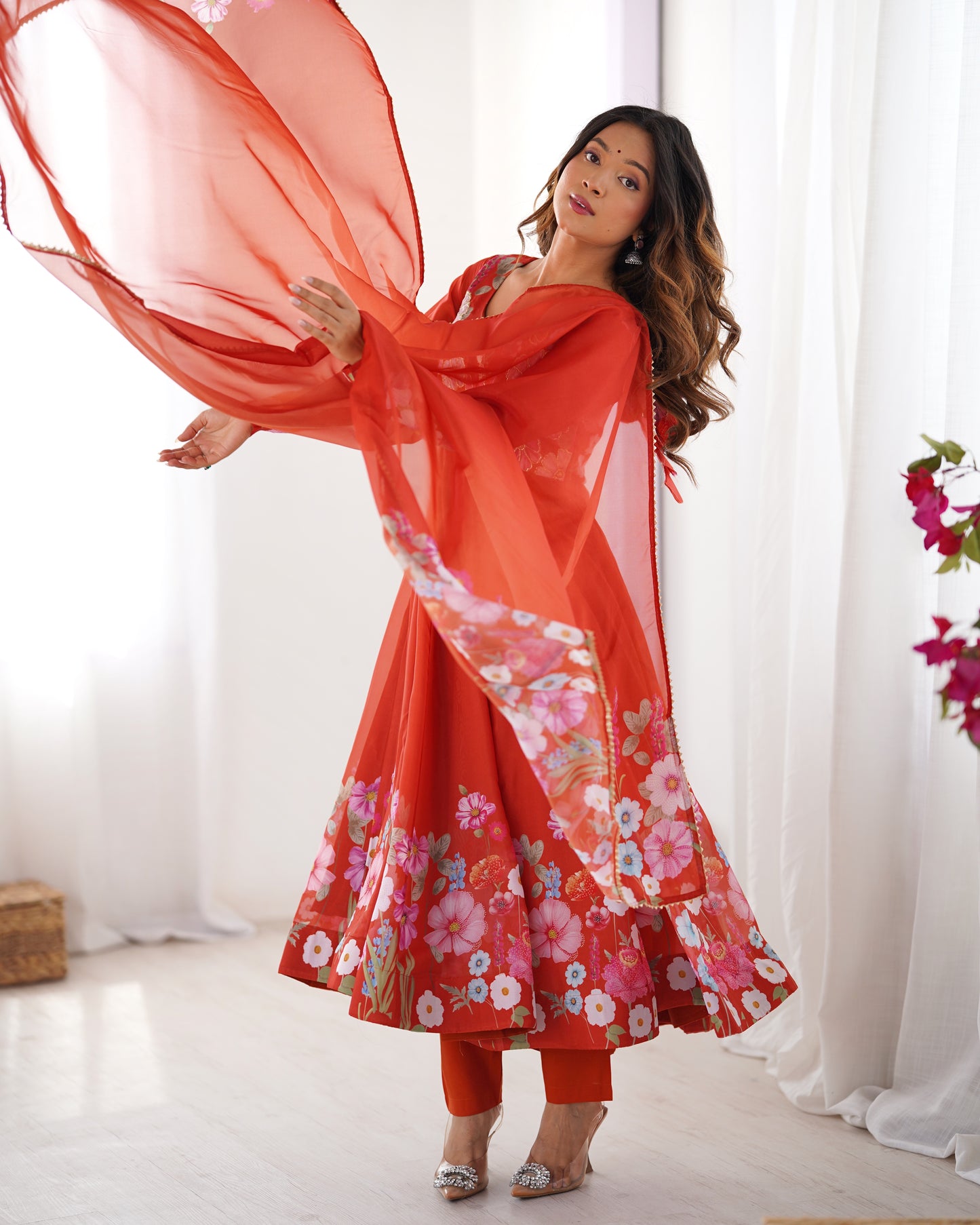 Breathtaking Organza Silk Floral Printed Designer Anarkali Pant Suit