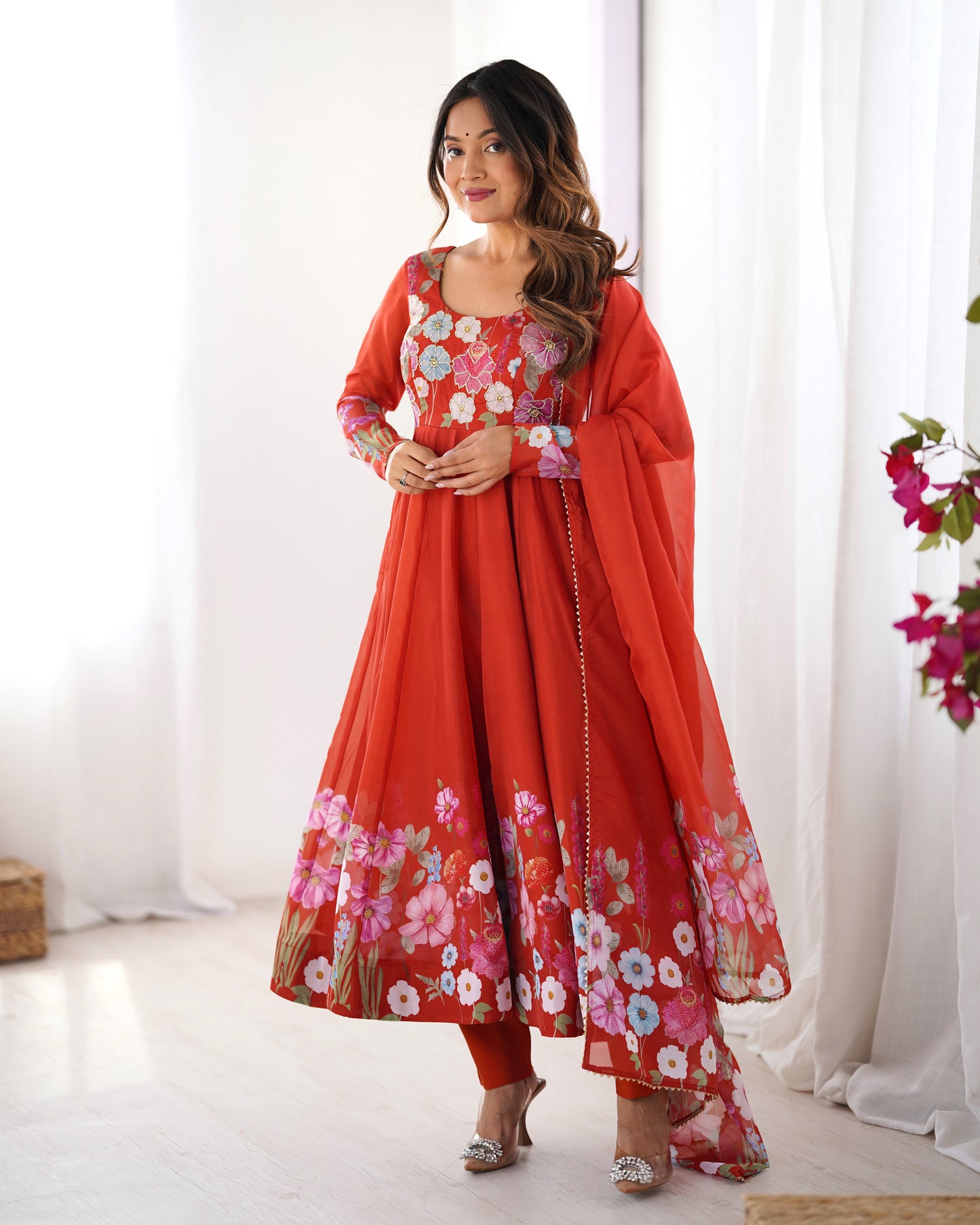 Breathtaking Organza Silk Floral Printed Designer Anarkali Pant Suit