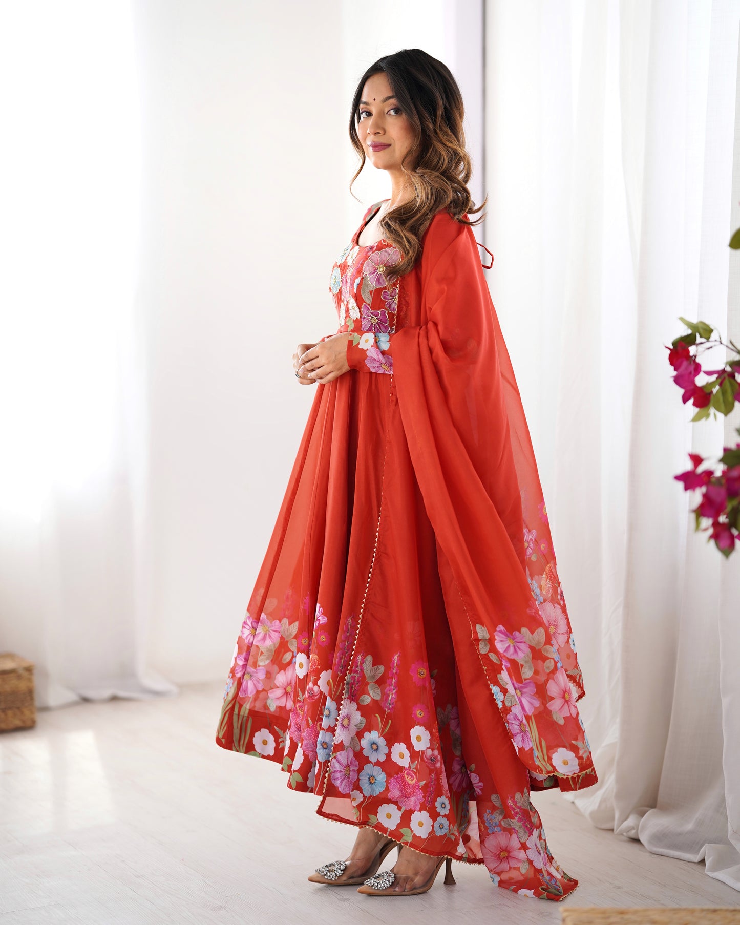 Breathtaking Organza Silk Floral Printed Designer Anarkali Pant Suit