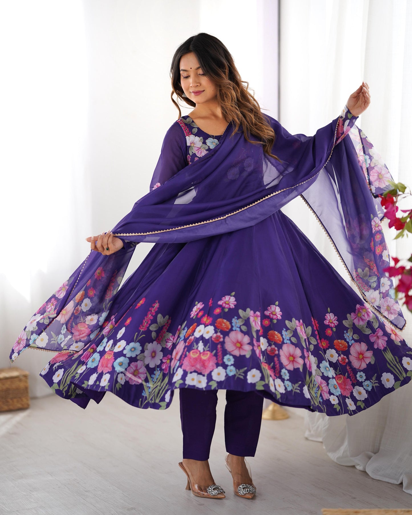 Breathtaking Organza Silk Floral Printed Designer Anarkali Pant Suit