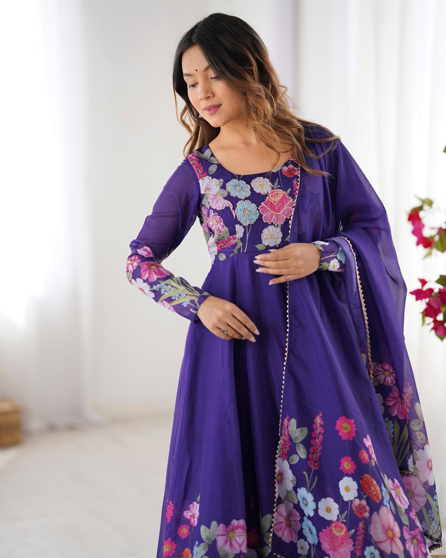 Breathtaking Organza Silk Floral Printed Designer Anarkali Pant Suit