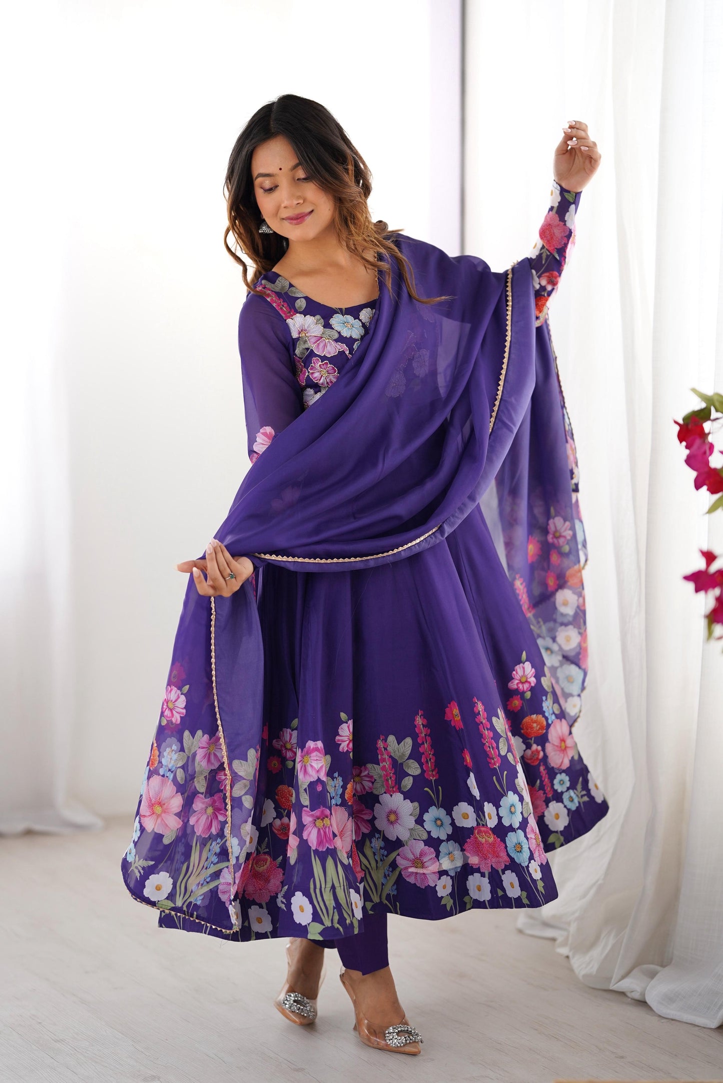 Breathtaking Organza Silk Floral Printed Designer Anarkali Pant Suit