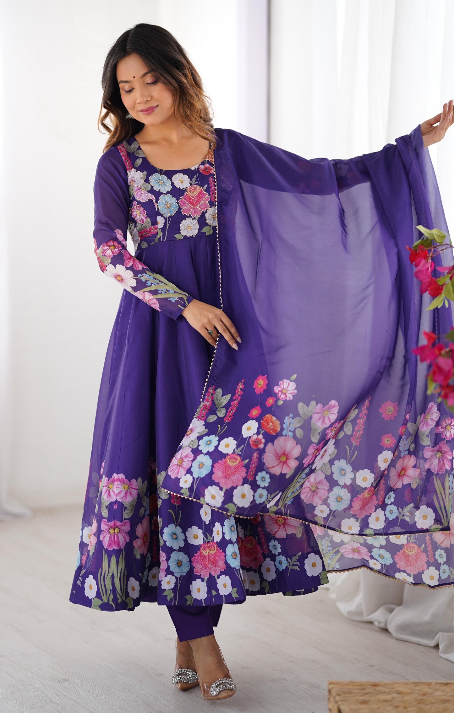 Breathtaking Organza Silk Floral Printed Designer Anarkali Pant Suit