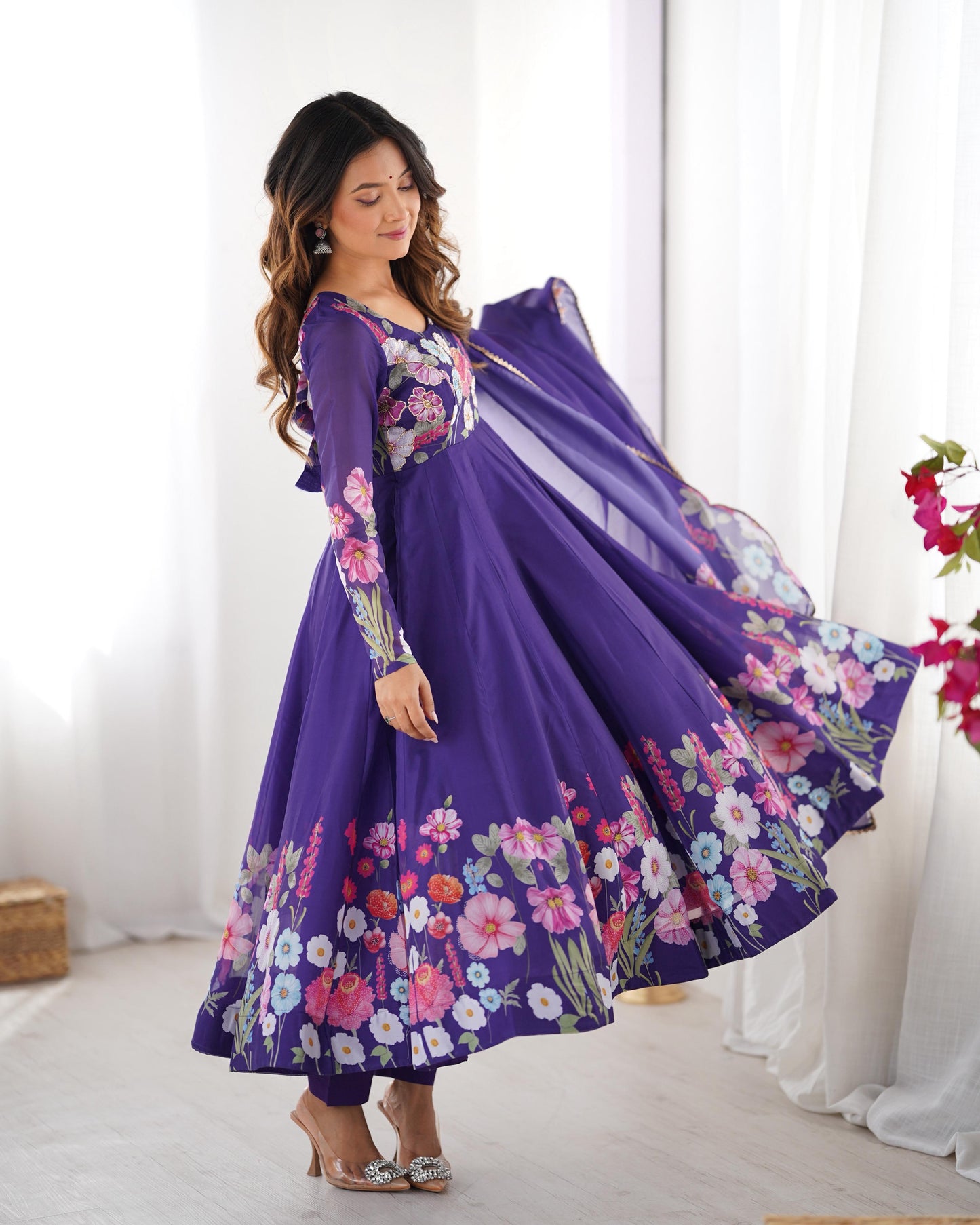 Breathtaking Organza Silk Floral Printed Designer Anarkali Pant Suit