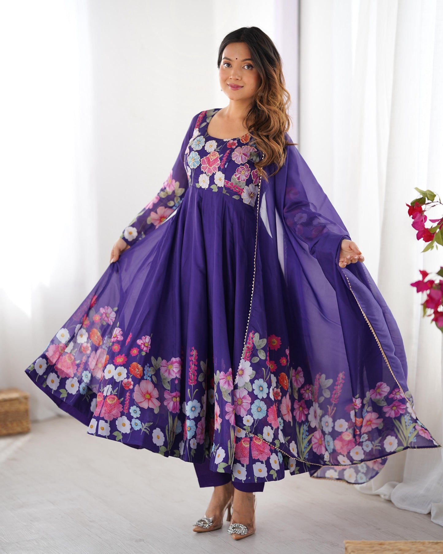 Breathtaking Organza Silk Floral Printed Designer Anarkali Pant Suit