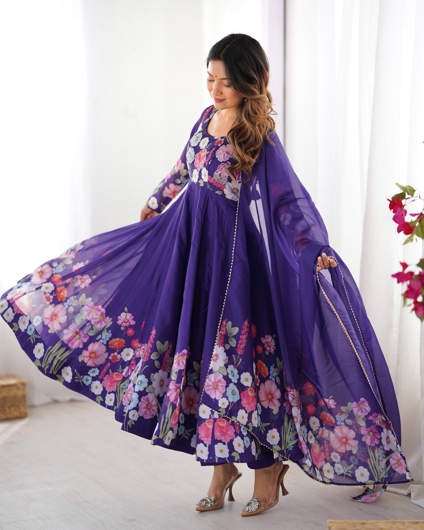 Breathtaking Organza Silk Floral Printed Designer Anarkali Pant Suit