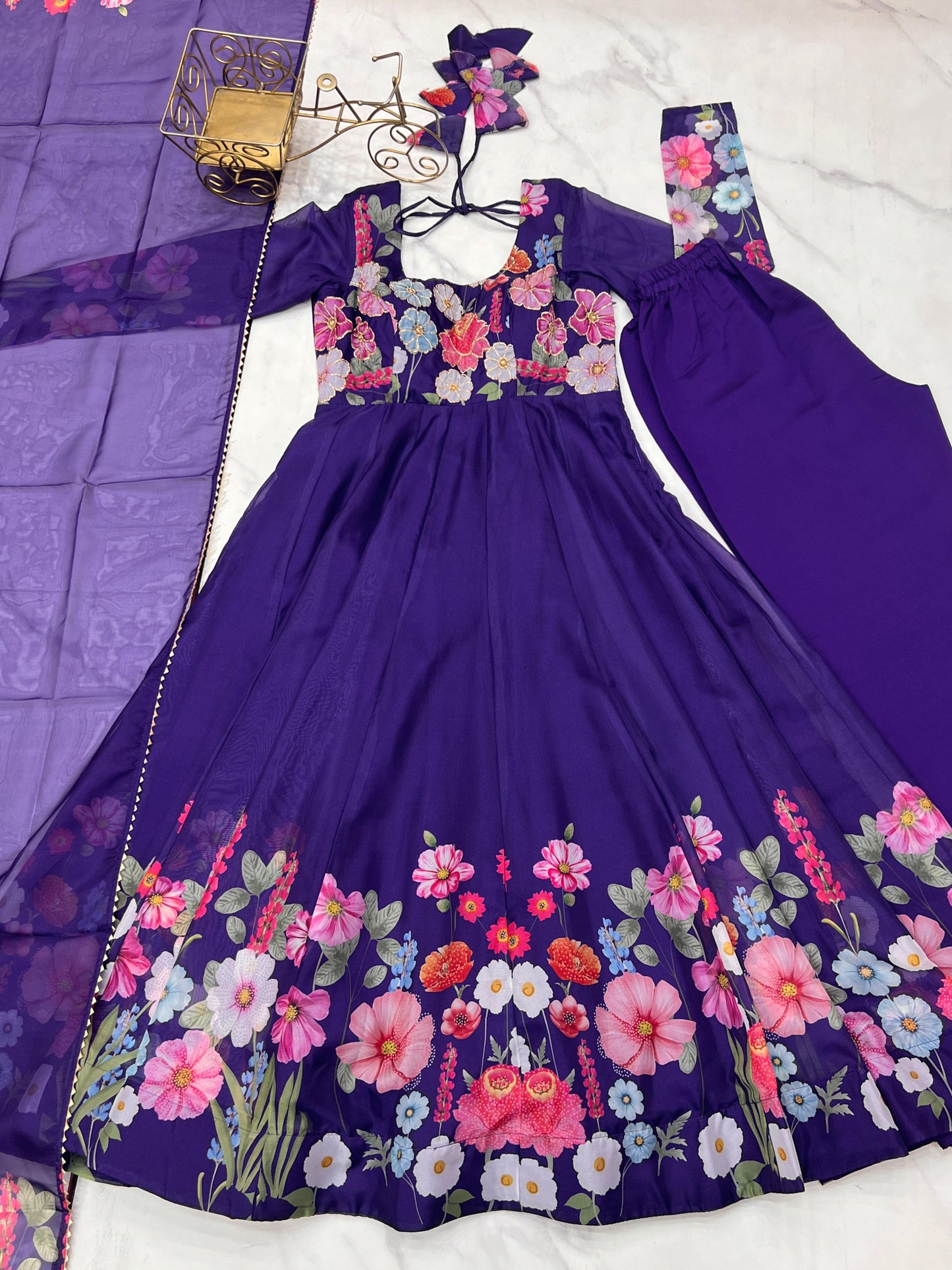 Breathtaking Organza Silk Floral Printed Designer Anarkali Pant Suit