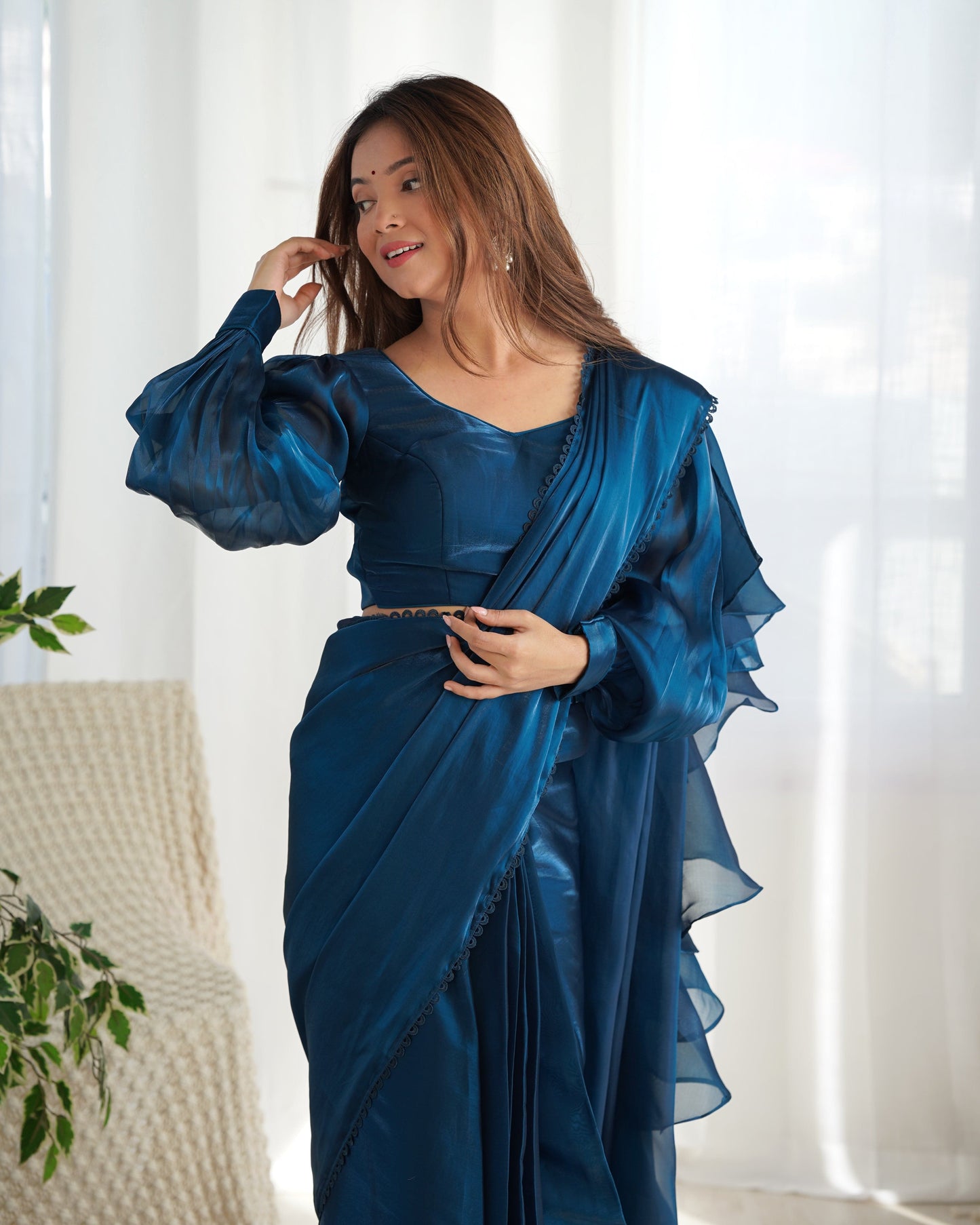 Alluring Jimmi Organza Silk Fully Stitched Ready To Wear Saree - Ethnicwish