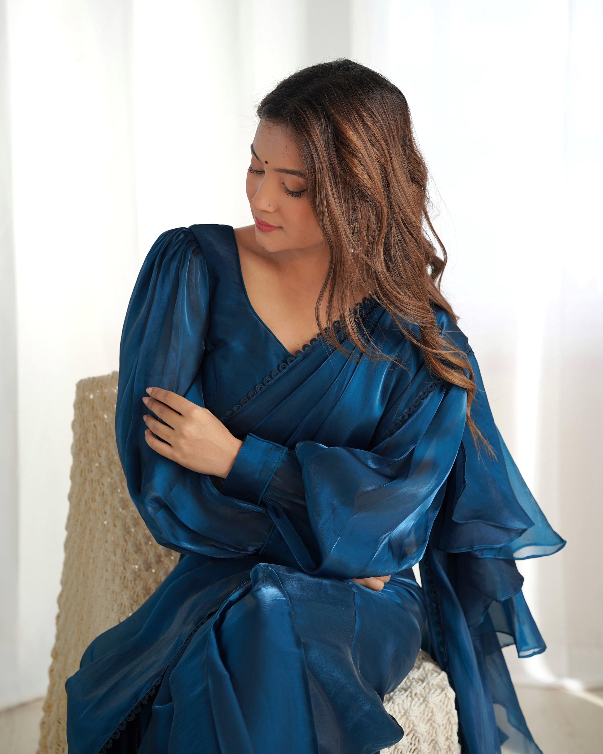 Alluring Jimmi Organza Silk Fully Stitched Ready To Wear Saree - Ethnicwish