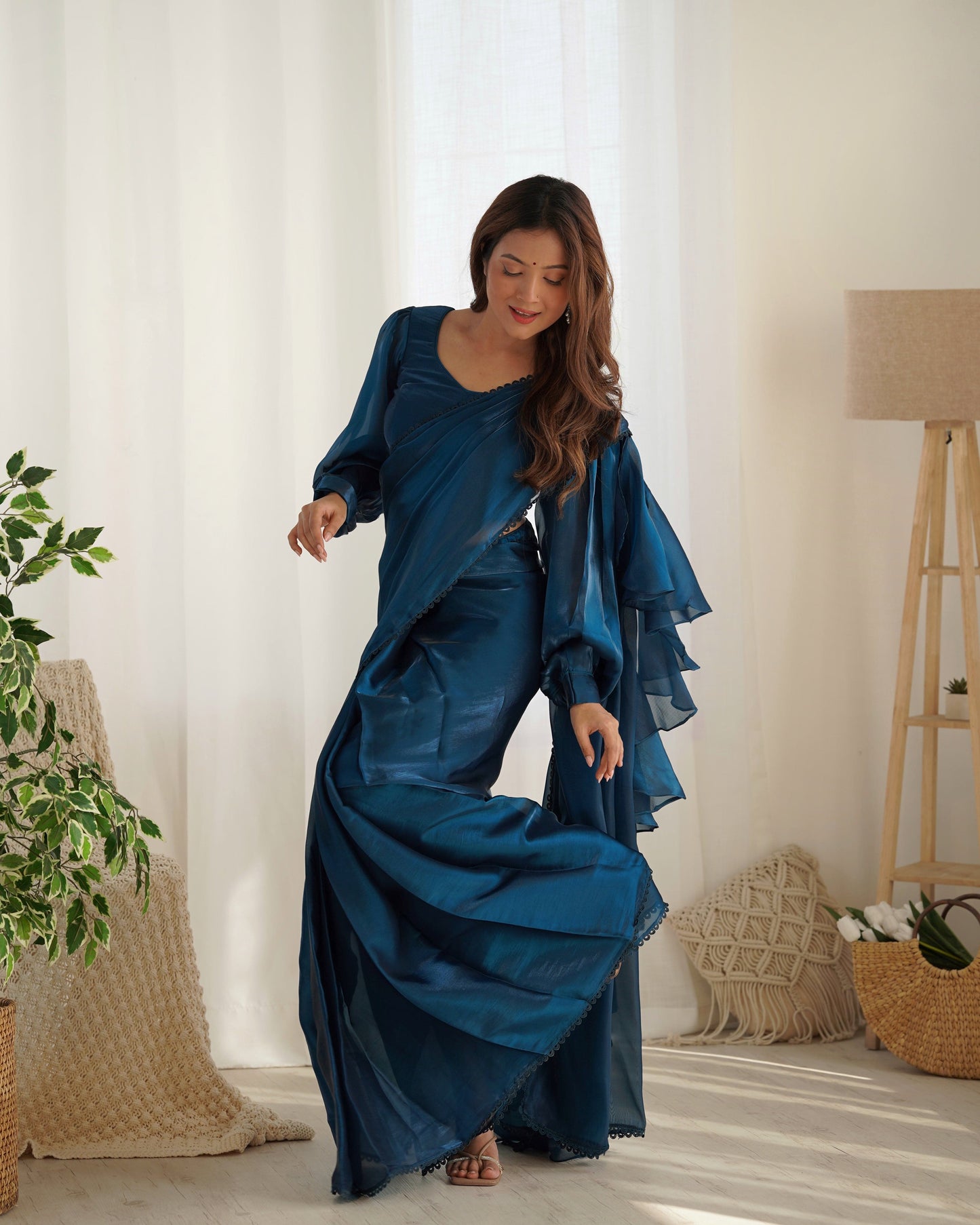 Alluring Jimmi Organza Silk Fully Stitched Ready To Wear Saree - Ethnicwish