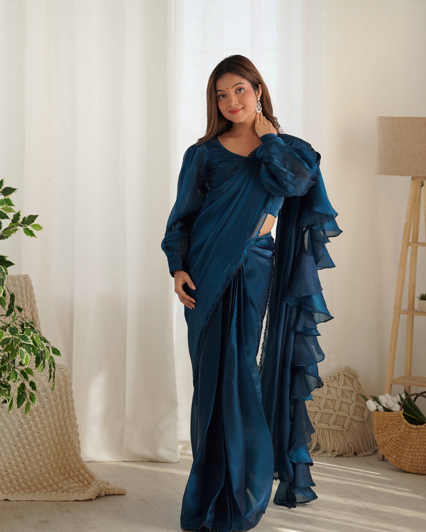 Alluring Jimmi Organza Silk Fully Stitched Ready To Wear Saree - Ethnicwish