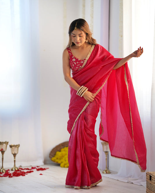 Exquisite Rani Pink Crush Tissue Silk Ready To Wear Saree - Ethnicwish