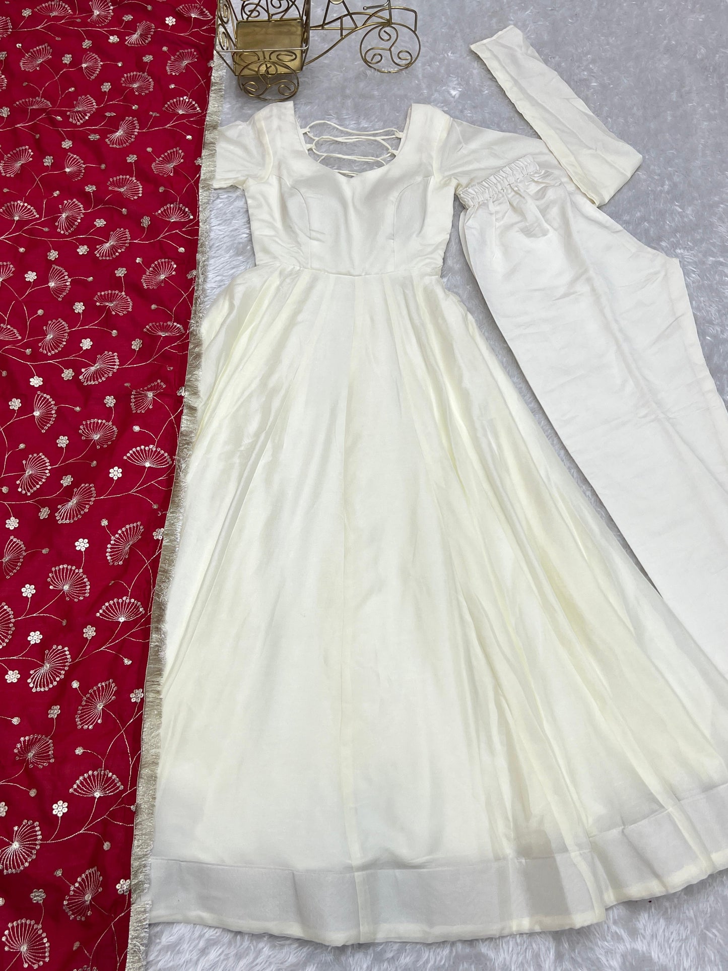 Winsome White Vichitra Silk Anarkali Pant Set With Beautiful Dupatta - Ethnicwish