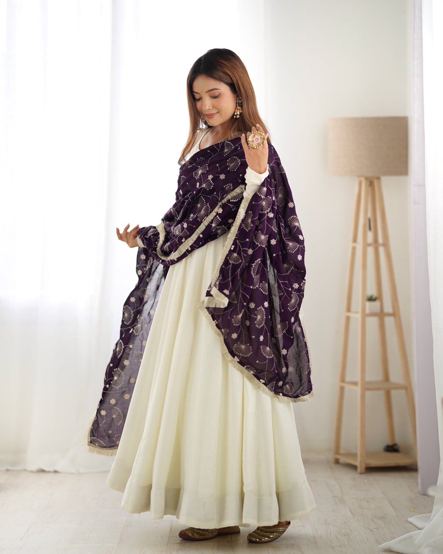Winsome White Vichitra Silk Anarkali Pant Set With Beautiful Dupatta - Ethnicwish