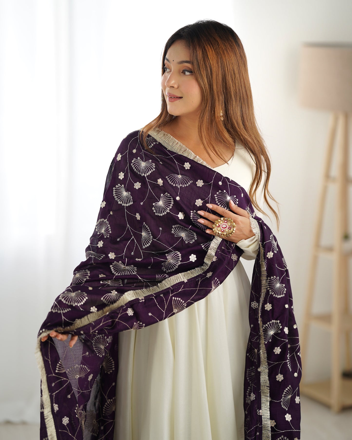 Winsome White Vichitra Silk Anarkali Pant Set With Beautiful Dupatta - Ethnicwish