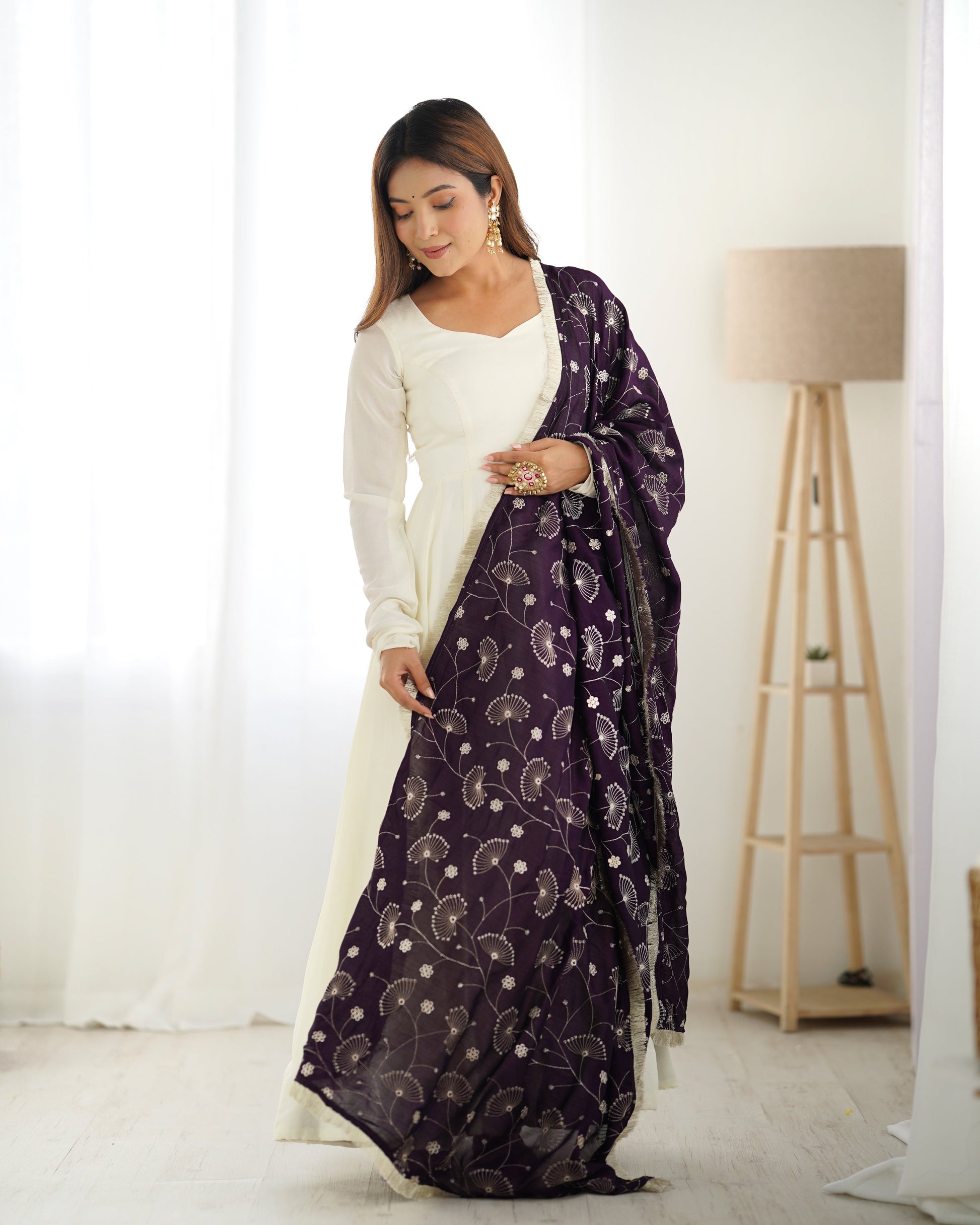 Winsome White Vichitra Silk Anarkali Pant Set With Beautiful Dupatta - Ethnicwish