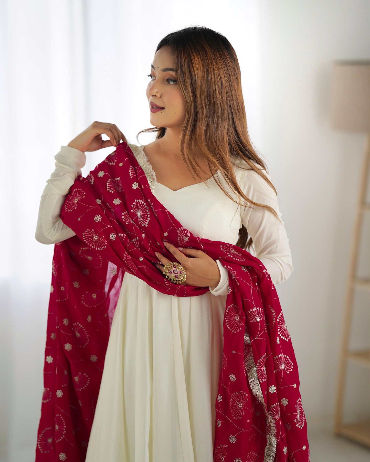 Winsome White Vichitra Silk Anarkali Pant Set With Beautiful Dupatta - Ethnicwish