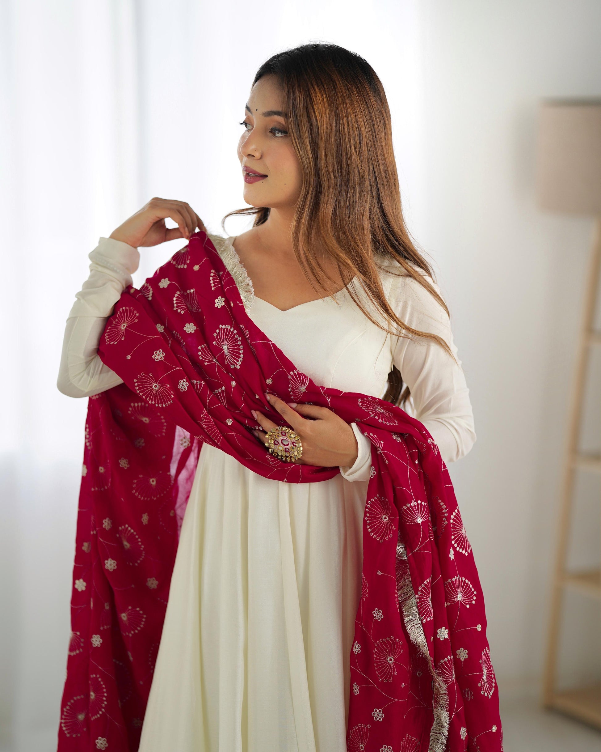 Winsome White Vichitra Silk Anarkali Pant Set With Beautiful Dupatta - Ethnicwish