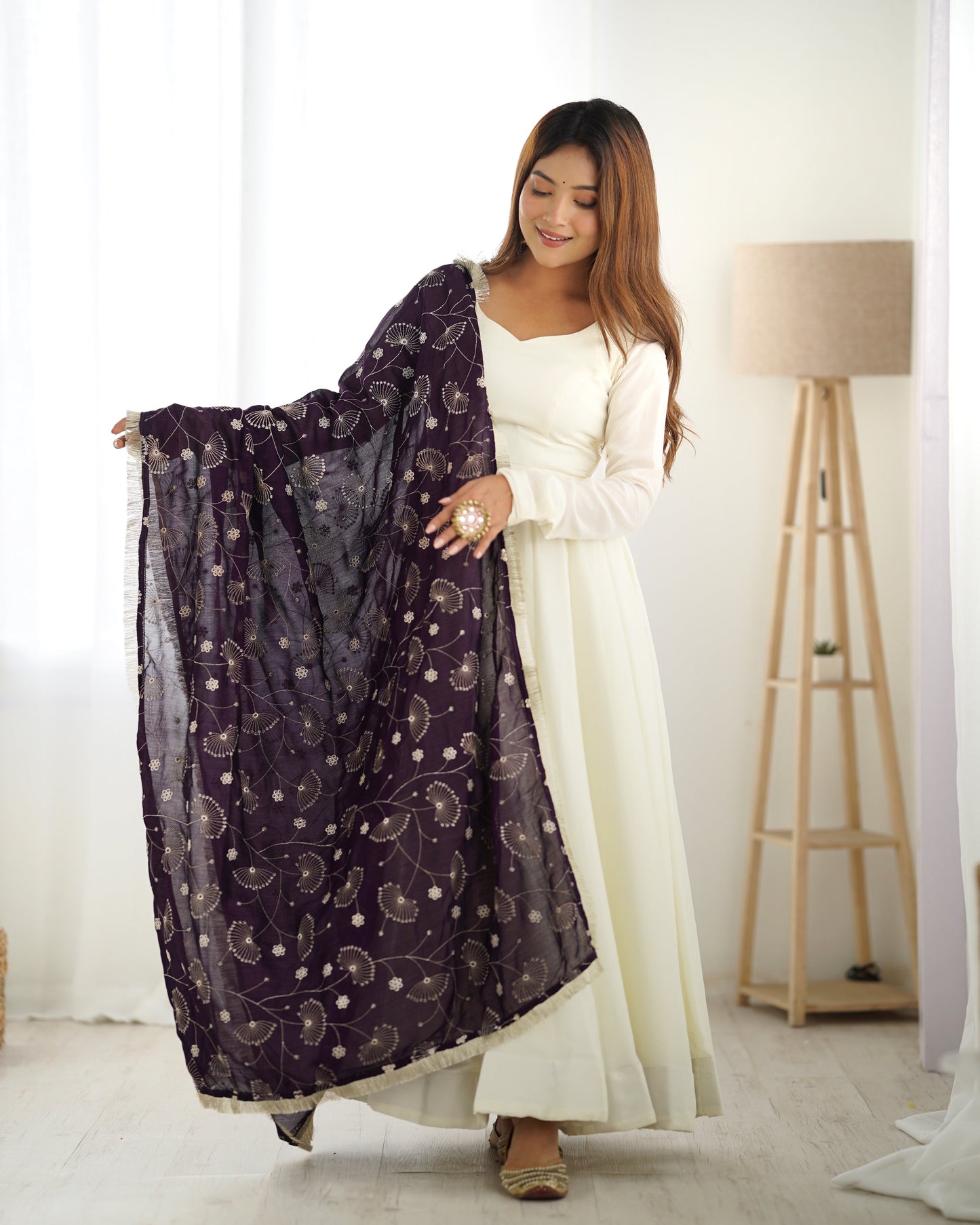 Winsome White Vichitra Silk Anarkali Pant Set With Beautiful Dupatta - Ethnicwish