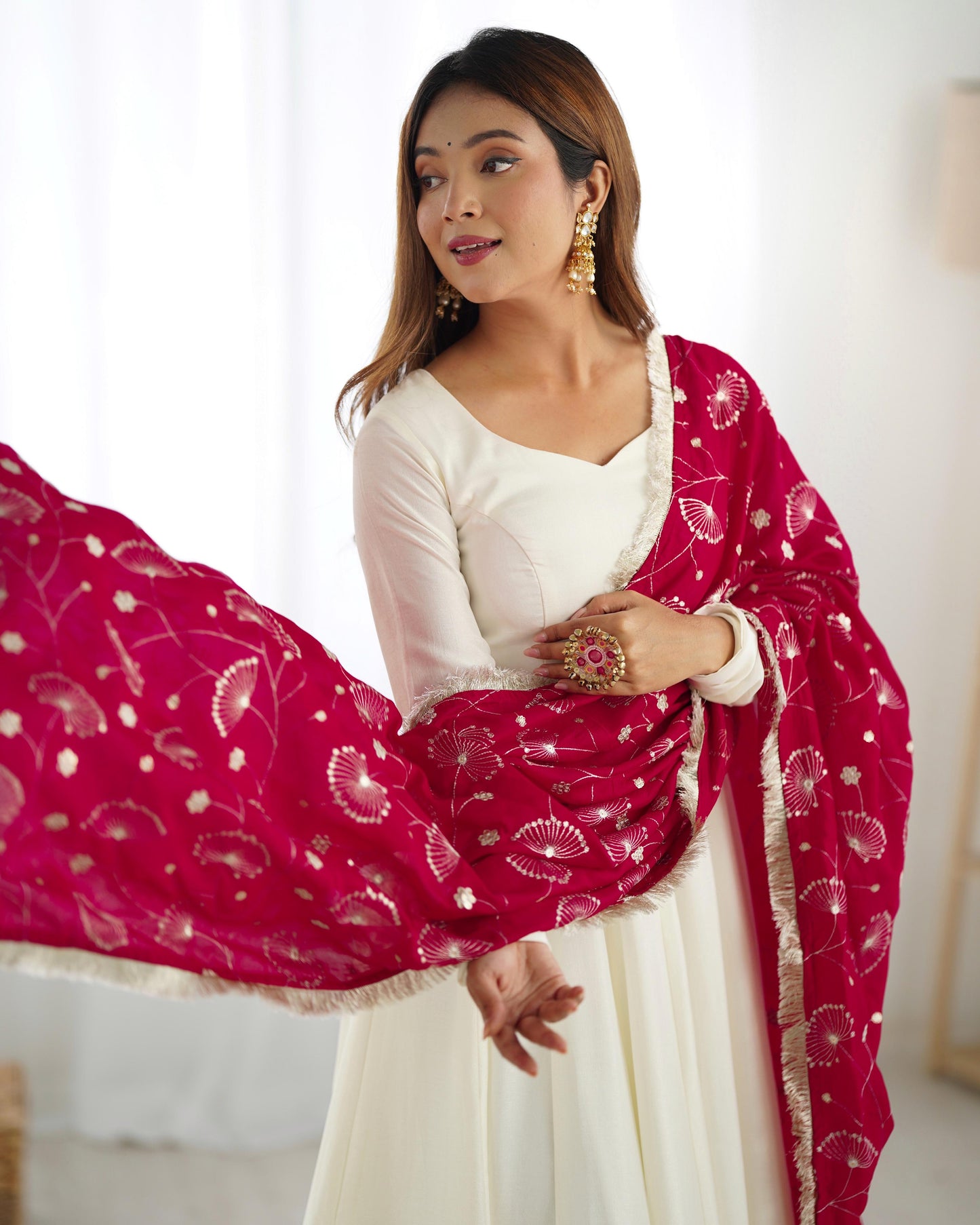 Winsome White Vichitra Silk Anarkali Pant Set With Beautiful Dupatta - Ethnicwish