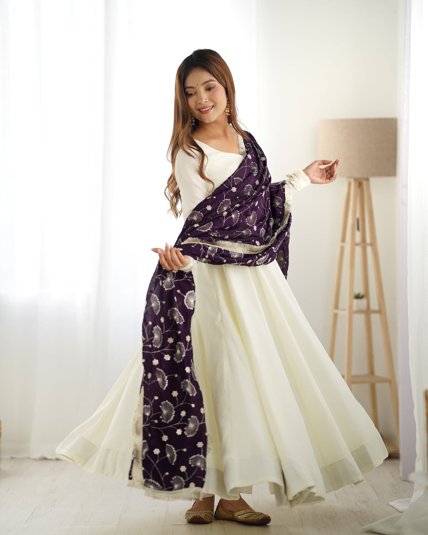 Winsome White Vichitra Silk Anarkali Pant Set With Beautiful Dupatta - Ethnicwish